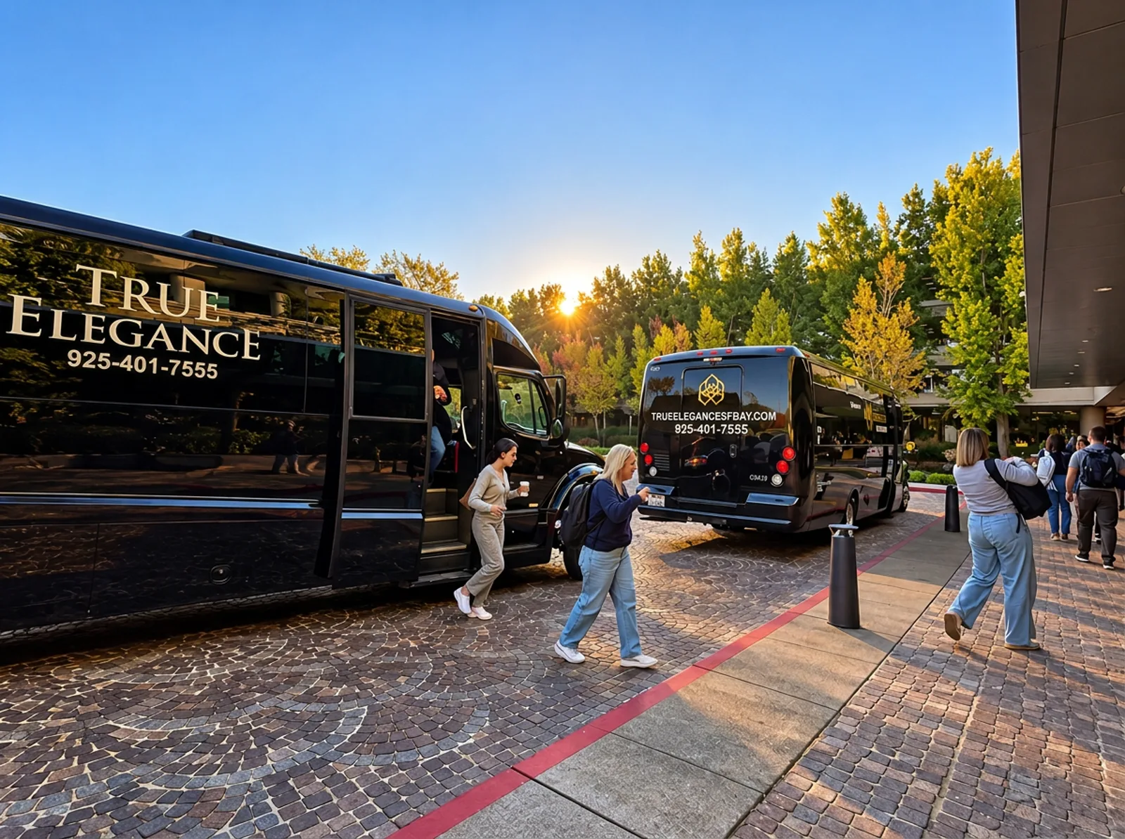 True Elegance charter buses dropping off a group at the Roundhouse Conference Center in San Ramon, available for San Francisco limo service and corporate group transportation in San Francisco, California
