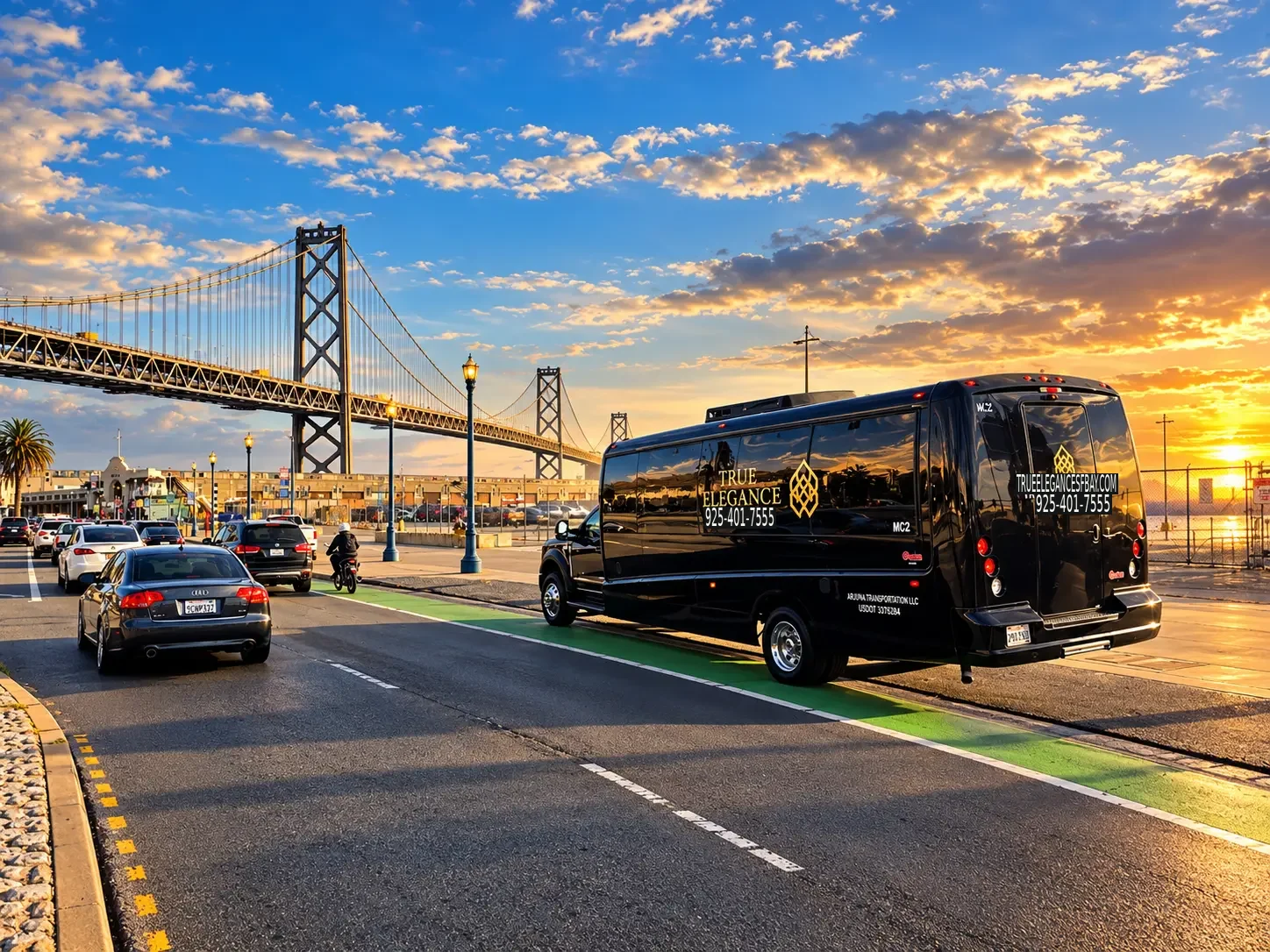 San Francisco charter bus and shuttle transportation Black True Elegance executive shuttle beside San Francisco's Bay Bridge at sunset