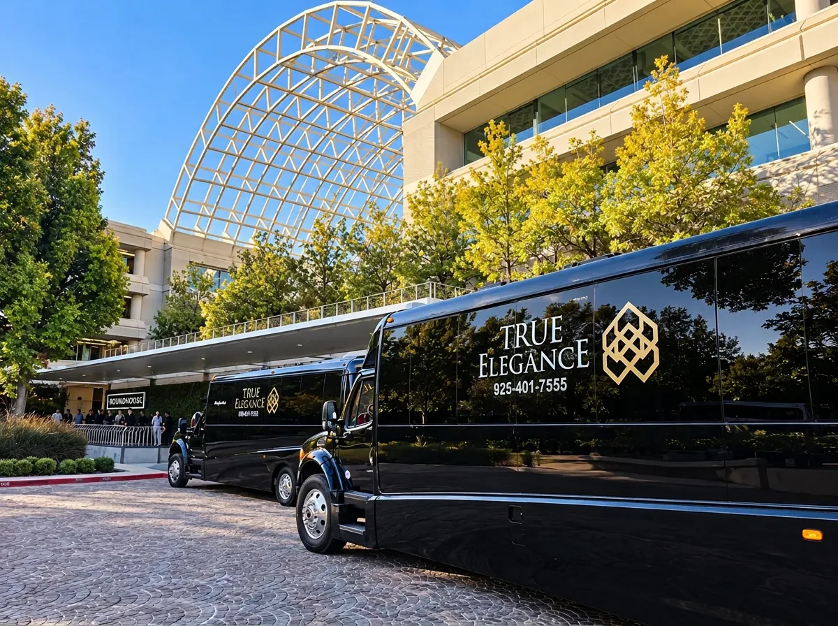 Charter Bus in Pleasanton, San Ramon, Dublin and the Tri-Valley True Elegance black charter buses at The Roundhouse convention center in San Ramon, CA — charter bus service for Pleasanton, San Ramon, Dublin and the Tri-Valley