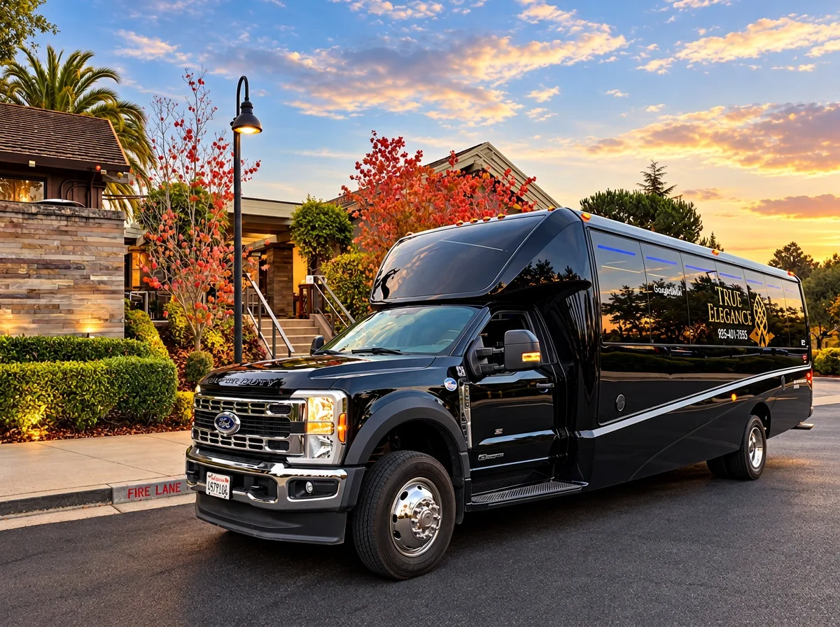 Executive shuttle bus at Rosewood Sand Hill, Menlo Park — serving Tri-Valley, CA Black True Elegance executive shuttle bus parked at the Rosewood Sand Hill hotel in Menlo Park waiting for executive guests — executive shuttle and corporate transportation in Tri-Valley, California