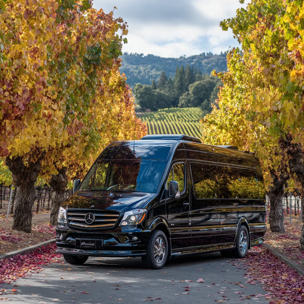 Black Mercedes Sprinter limo driving through autumn vineyards during Northern California harvest season
