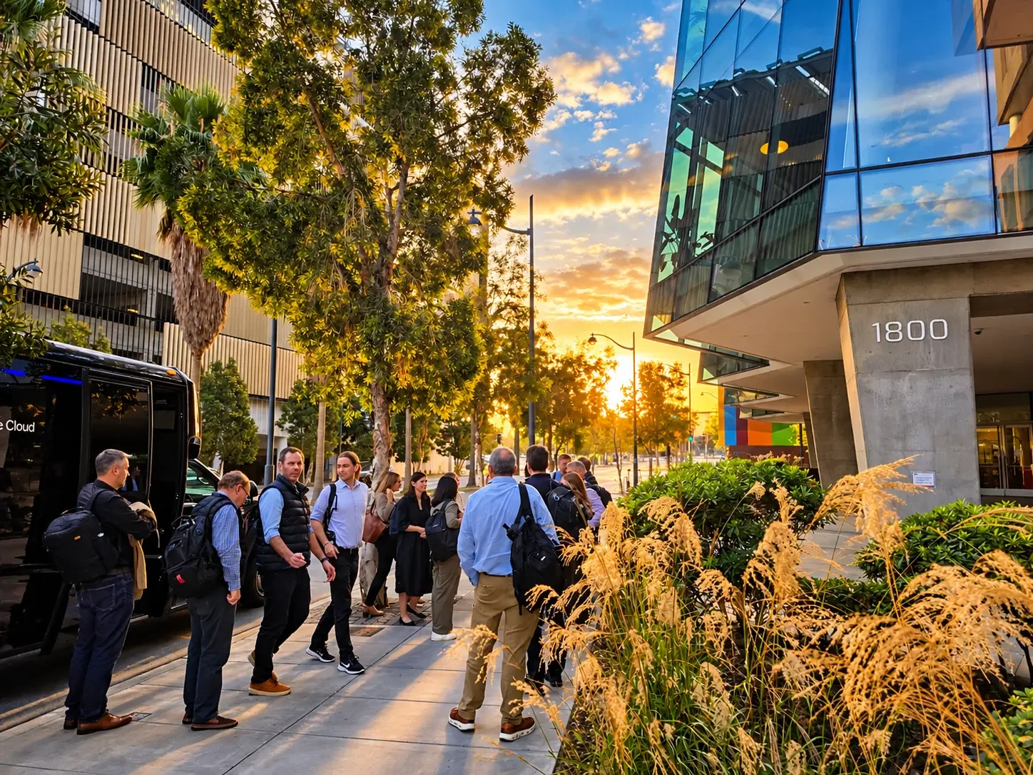 Bay Area commuter transportation for employers Passengers with backpacks beside a black executive shuttle at an office building