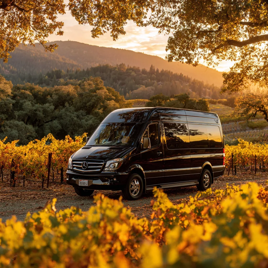 Black Mercedes luxury Sprinter van in a golden Napa Valley vineyard at sunset for a private wine tour