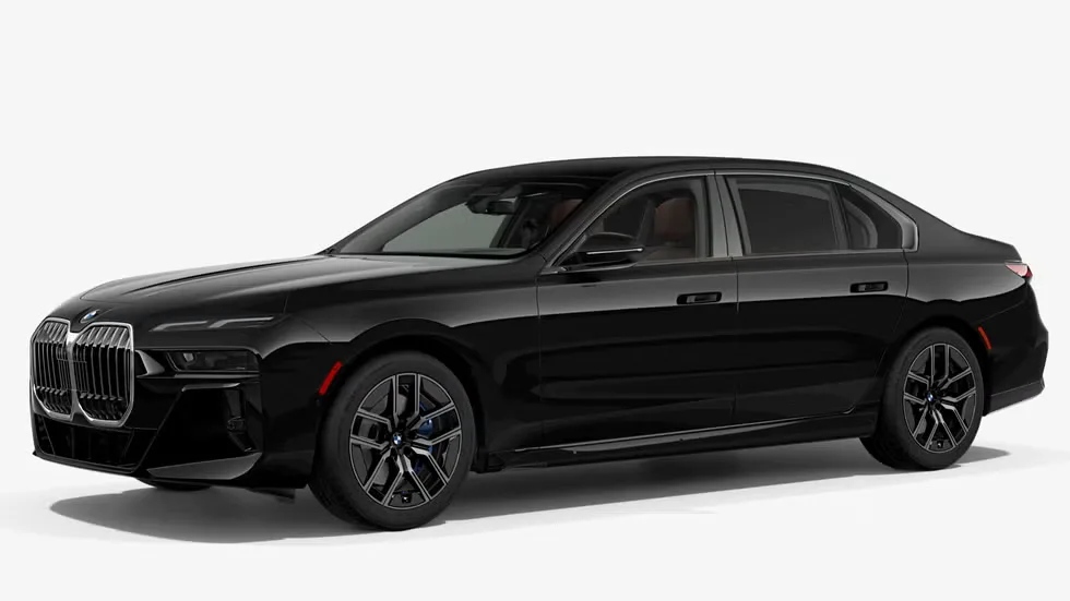 Black BMW 760i luxury sedan for chauffeured car service and airport transportation in the Tri-Valley