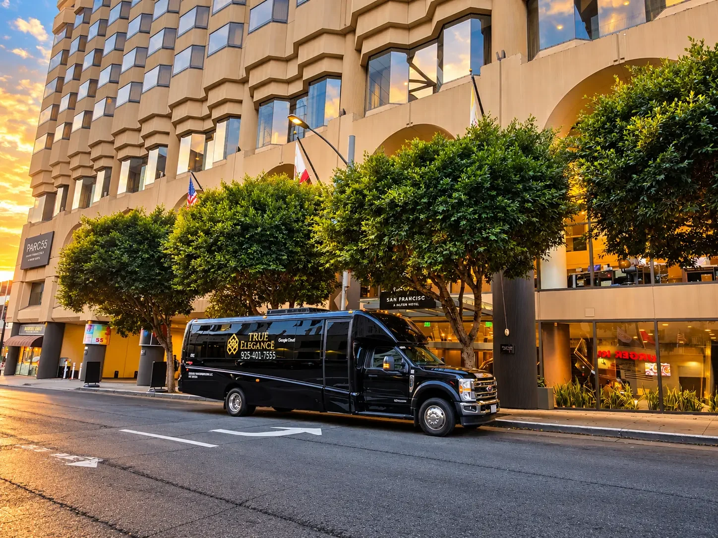 San Francisco hotel shuttle bus service Black True Elegance executive shuttle outside the Parc 55 hotel in San Francisco
