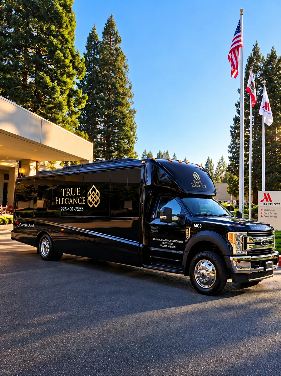 Black True Elegance executive shuttle bus outside a hotel, available for group transportation and shuttle bus service in Fremont, California
