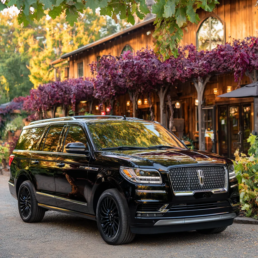 Black Lincoln Navigator luxury SUV arriving at a Napa Valley winery restaurant for private wine tour transportation