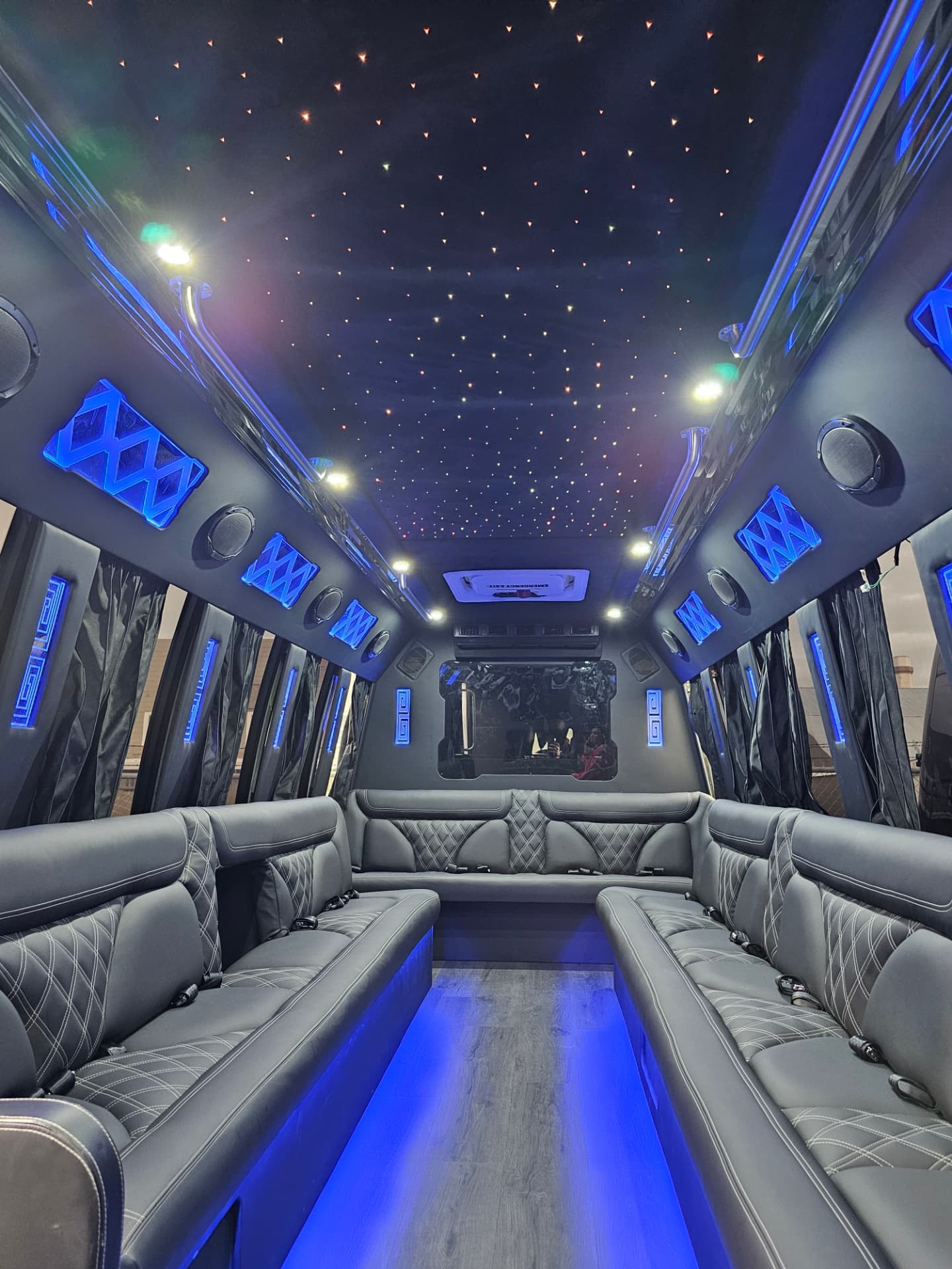 LED-lit limousine cabin interior for Sunol stretch limo and celebration rides