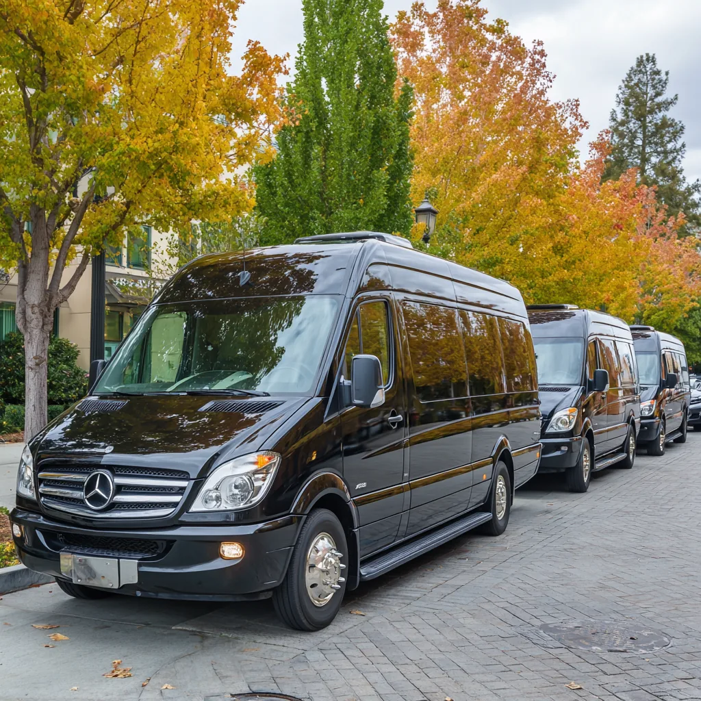 Black Mercedes Sprinter executive vans staged for a Tri-Valley group transfer