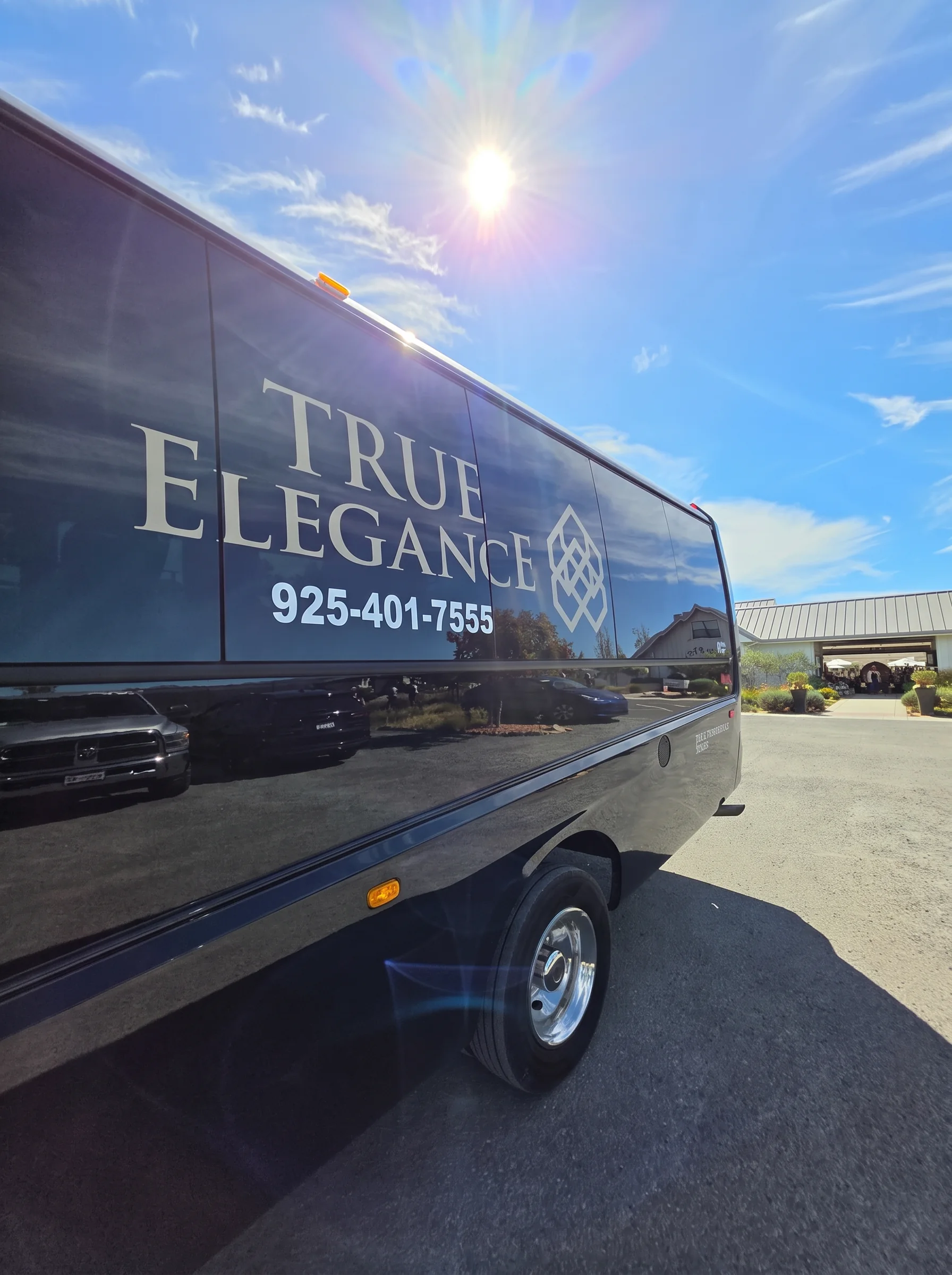 True Elegance branded charter shuttle serving Tracy, CA with dispatch phone 925-401-7555
