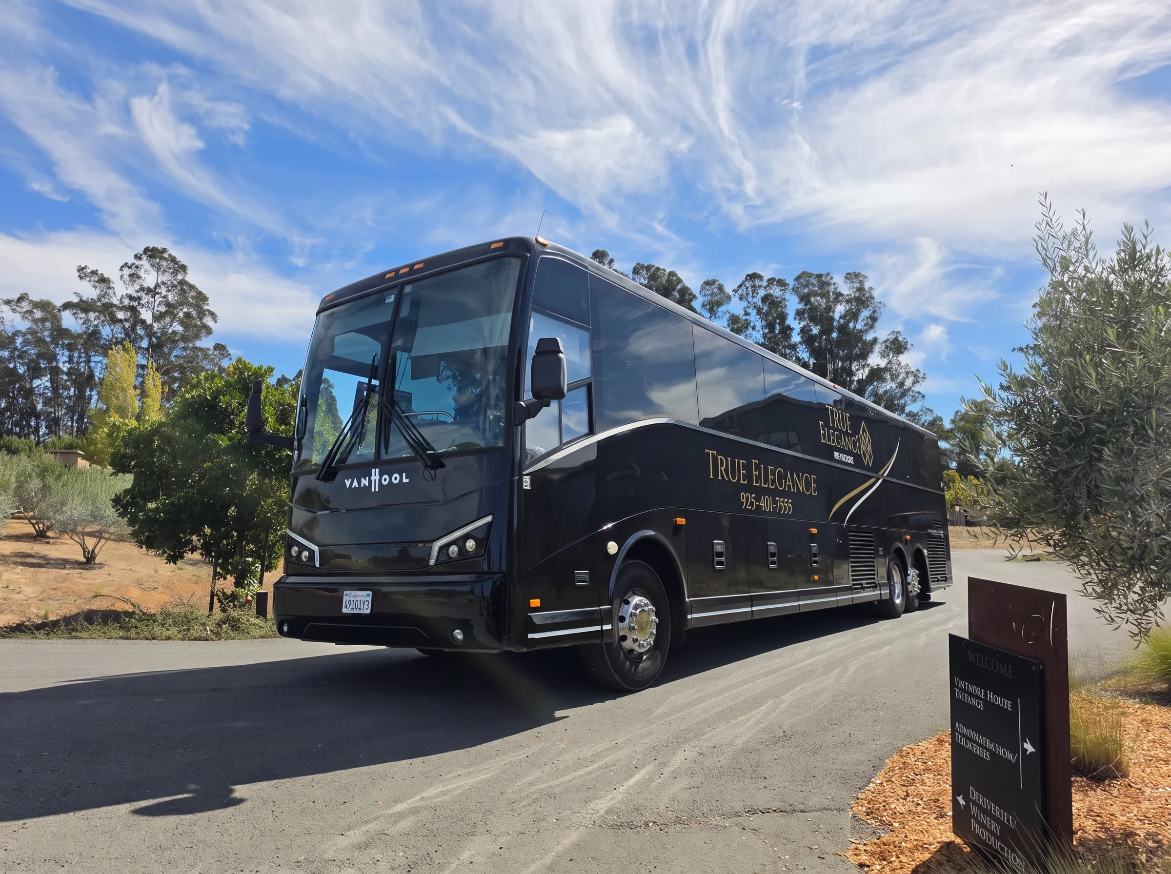 Monterey Peninsula hospitality motorcoach True Elegance full-size charter bus arriving at an event venue for a Monterey Peninsula hospitality group